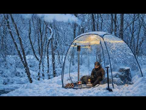 Transparent Hot Tent Camping in Snow Storm Wood stove ASMR