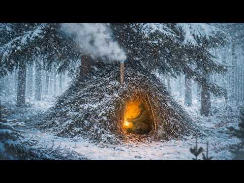 Bushcraft in a snowstorm Building a warm and cozy shelter