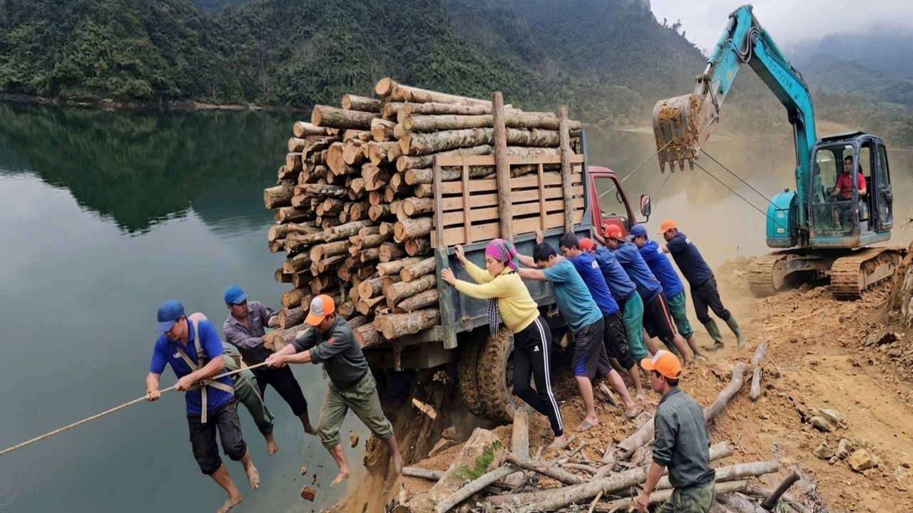 Excavators and supporting workers push trailers loaded with
