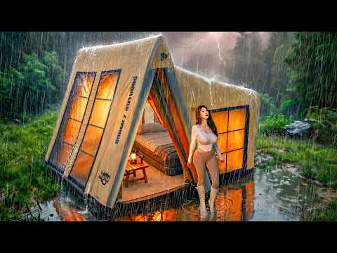 NONSTOP HEAVY RAIN CAMPING IN AN AIR TENT ASMR