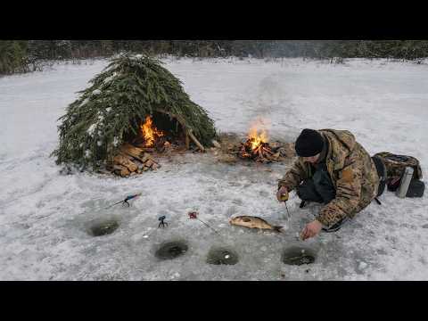 Solo bushcraft Fishing on a remote lake Cooking fresh fish
