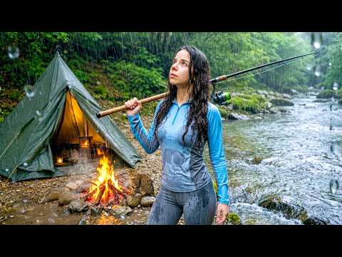 2 Days Alone in the Rain River Fishing, Hot Tent & Wood