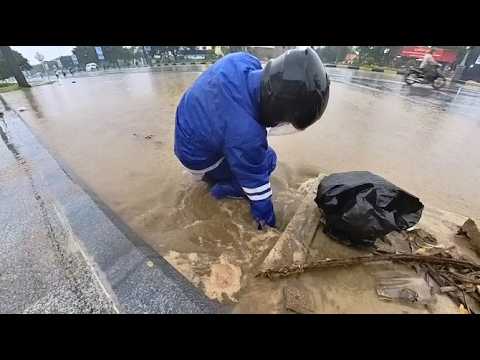Remove debris and plastic that is clogging the drain