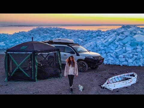 Camping On A Frozen Lake Stormy Wind & Cozy Tent With My