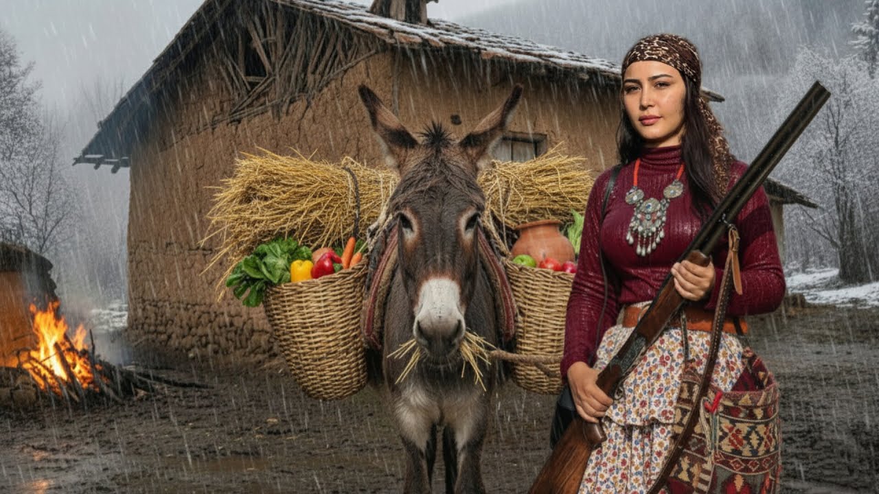 The daily life of a village girl in the rainy and cold