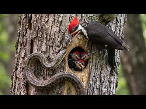 Three Hungry Pileated Woodpecker Chicks Compete for