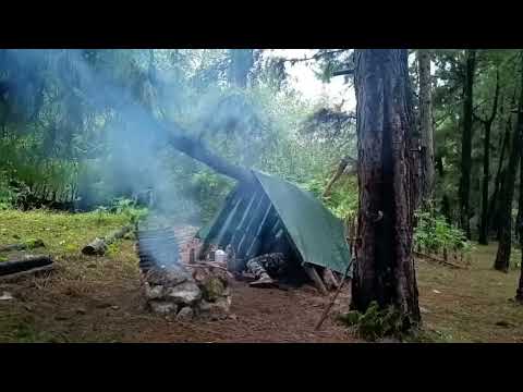 Camping in the Rainy Weather Under a Tree Building a Cozy