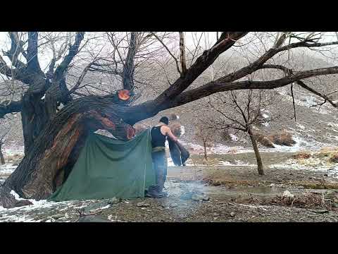 Hand Fishing in a Snowy River Camp Under the Strange Tree