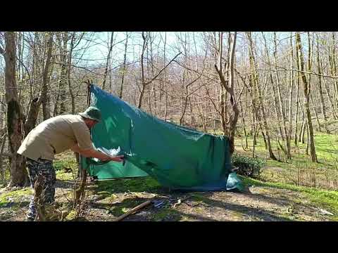 Solo camp at night shelter Build steak