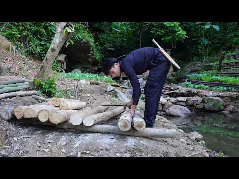 Building a Wooden Joinery Bridge Over the Stream Off Grid