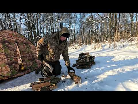 Winter Bushcraft on the river Trying to catch fish and