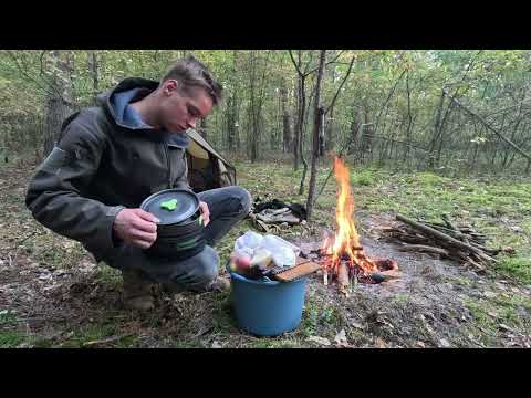 Hiking with a tent and a dog cozy solo camping in the forest