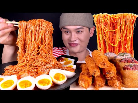 매콤새콤달콤한 비빔국수와 대왕새우튀김 육회 참치 유부초밥 먹방 Spicy Kimchi Noodles