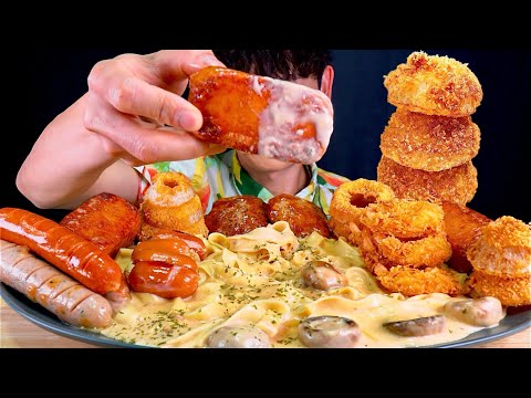 ASMR 꾸덕꾸덕 투움바 크림파스타 수제 어니언링 햄버거 스테이크 모둠 소세지 먹방 Toowoomba