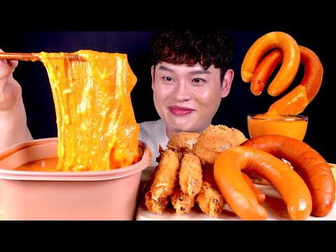 ASMR 치즈폭탄 로제떡볶이와 불닭킬바사소세지 직접튀긴 어니언링 새우튀김 먹방 Cheese Rose