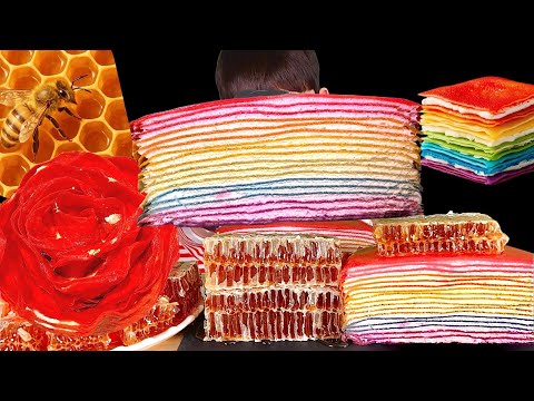 ASMR 통 벌꿀집 장미 크레이프 무지개 크레이프 케이크 먹방 Rose Crepe Cake With