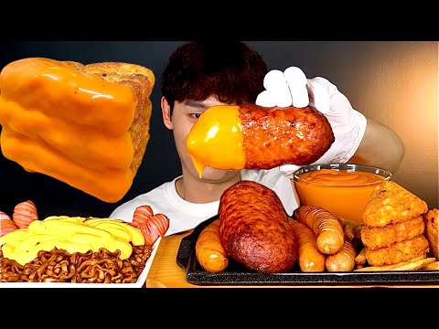 ASMR 불닭마요에 빠진 대왕햄 치즈짜장라면 삼각해쉬브라운 양념감자 먹방 Cheese Black Bean