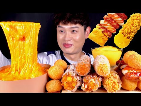 ASMR 명랑핫도그 라면땅 감자 고구마 통모짜 핫도그와 치즈가득 넣은 로제떡볶이 먹방 Crispy Corn