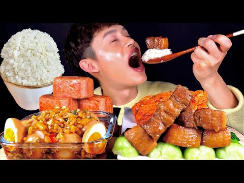 ASMR 쌀밥도둑 반숙계란장 돼지고기간장조림 실비김치 통스팸 고봉밥 먹방 Rice With Spam Egg