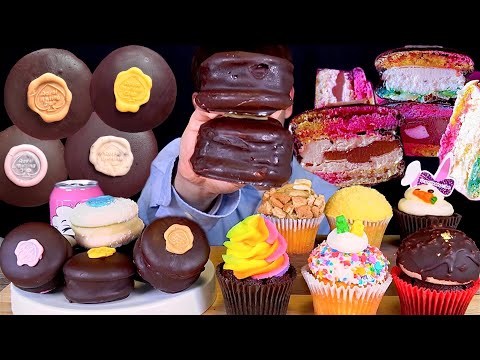 ASMR 꾸떡한 크림 컵케이크 초콜릿 코팅 크림 마카롱 먹방 Rainbow Cream Chocolate