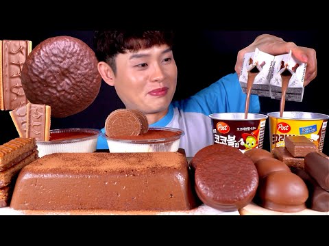 ASMR 직접만든 초코푸딩과 초코파이 초코마쉬멜로우 네스퀵바 먹방 Chocolate Dessert
