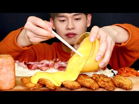 바삭바삭 등심돈까스위에 치즈소스 통스팸 크림스파게티먹방 Fried Pork Cutlet With Cream