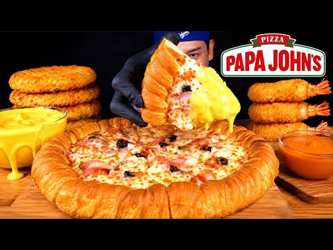 ASMR 수퍼 파파스 크루와상피자와 해쉬브라운 새우튀김 치즈소스 찍어 먹방 Crispy Pizza With