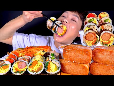 ASMR 참치김밥 제육김밥 소세지김밥 치즈김밥과 육개장사발면 통스팸 김치 먹방 Gimbap With