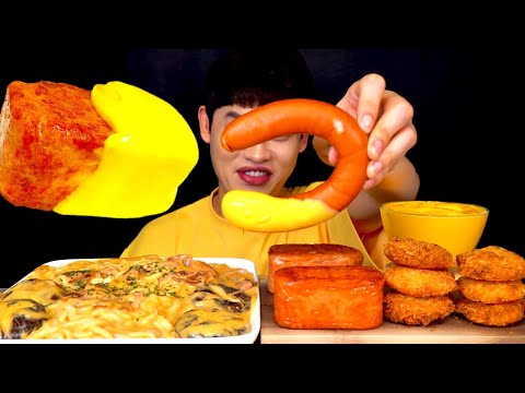 ASMR 불닭크림우동면 킬바사 소세지 통스팸 넙적새우튀김 치즈소스 찍먹방 Spicy Cream