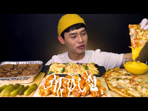 ASMR쉬림프피자와 슈프림양념치킨 까르보나라 더블초코칩브라우니먹방 Papa John s Pizza With
