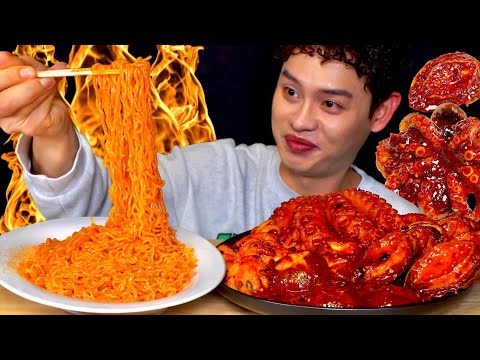 ASMR 열라면 쫄면 매운해물찜 전복 문어 쭈꾸미 버섯조림 먹방 Spicy Noodles With