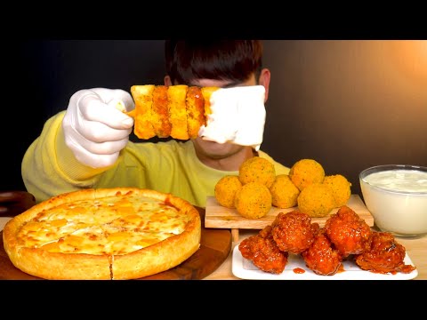 ASMR 굽네 시카고피자 와 뿌링치즈볼 뿌링소떡 양념치킨닭다리 먹방 Chicago Pizza With
