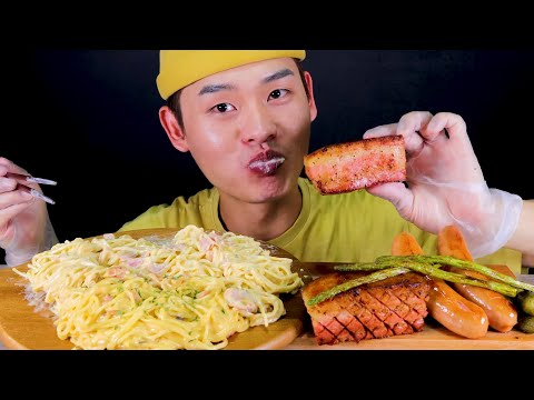 꾸덕꾸덕한 까르보나라 통삼겹 소시지 먹방 Cream Spaghetti Pork Belly MuKBang