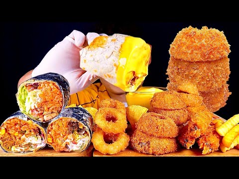 ASMR 속이 꽉찬 부리또 직접튀긴 어니언링 통새우튀김 나쵸칩 먹방 Beef Chicken Burrito