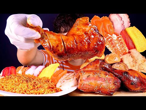 ASMR 트레이더스 즉석식품 통훈제삼겹 통훈제닭다리 쫄면 모둠초밥 먹방 Smoked Chicken With