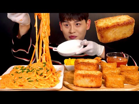 ASMR 김치크림우동 과 통스팸튀김 유부초밥 먹방 Kimchi Cream Noodles With Fried