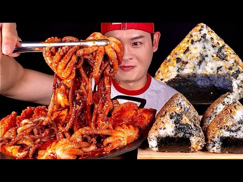 ASMR 매운 낙지볶음 우동볶이 매운만두 김치 참치 오니기리 먹방 Spicy Octopus With