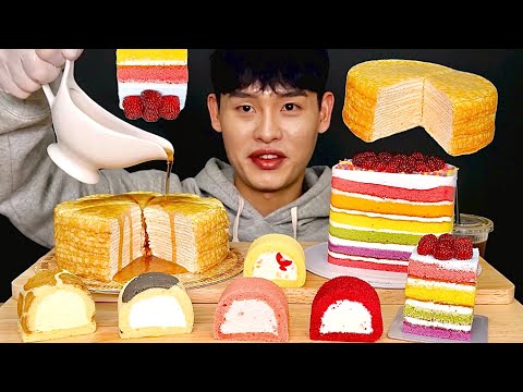 무지개케이크 촉촉한 밀크크레이프 케이크 생크림롤빵 먹방 Rainbow Cake Milk Crepe Cake