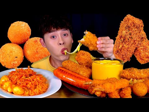 ASMR 바사삭 치즈돈카츠와 비빔쫄면 게살 새우 튀김 크림치즈볼 소세지 치즈소스 찍먹방 Fire Spicy