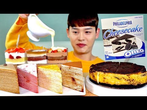 ASMR 필라델피아 오레오 치즈케이쿠 딸기 초코 커피 크레이프케이크 먹방 Philadelphia Oreo