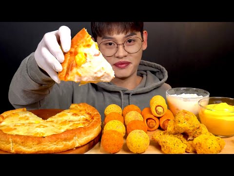 ASMR 바삭한 시카고피자와 핫뿌링치즈볼 핫도그 뿌링닭다리 먹방 Chicago Pizza With