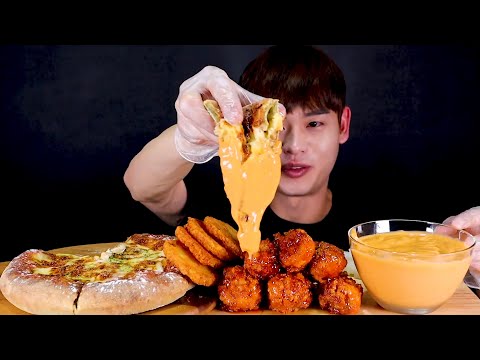 불닭치즈소스JMT 리얼시카고피자 BBQ양념치킨닭다리 해쉬브라운 찍먹방 Chicago Pizza