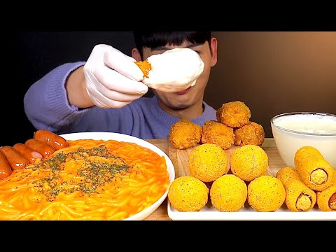 ASMR 매콤한 불닭볶음우동면 뿌링핫도그 뿌링치즈볼 후라이드 닭다리 먹방 Spicy Cream