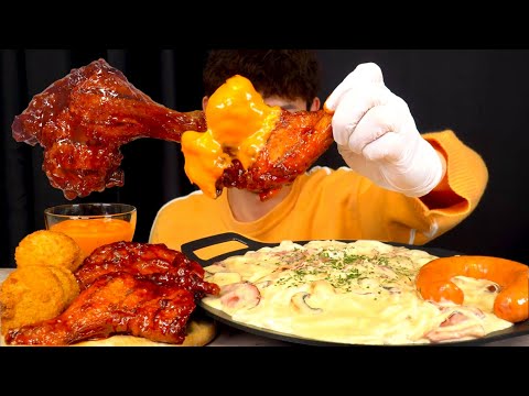 ASMR 모짜렐라 듬뿍 베이컨크림우동 킬바사소세지 치킨통다리구이 먹방 Bacon Cream Noodles