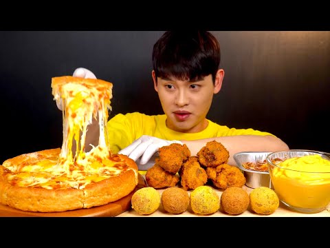 ASMR BHC 커리퀸닭다리 뿌링치즈볼 굽네 리얼시카고피자 치밥 먹방 Chicago Pizza With