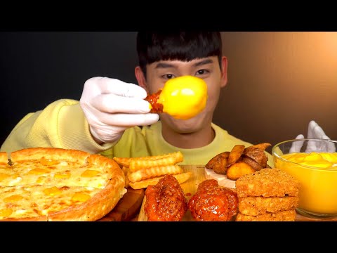 ASMR 듬뿍 시카고피자와 양념닭다리 삼각해쉬브라운 치즈감튀 먹방 Chicago Pizza With