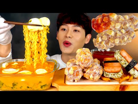 ASMR 듬뿍 열라짬뽕과 바삭한 감자핫도그 스팸주먹밥 먹방 Spicy Cheese Noodles With
