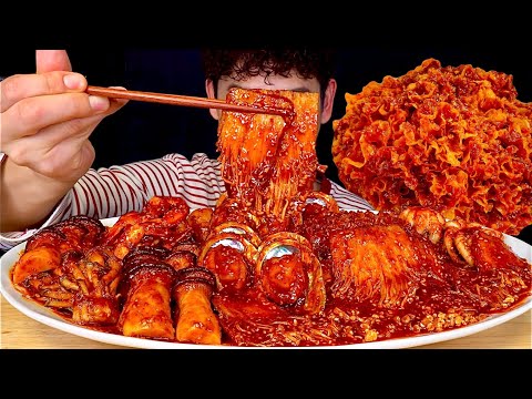 ASMR 매콤하게 졸인 불짜장 해물찜 불닭 팽이버섯 전복 낙지 새우 먹방 Fire Spicy Seafood