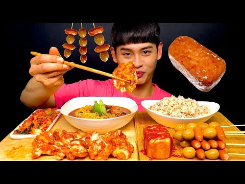 ASMR 도둑먹방 양념치킨 라면 소세지메추리알꼬치 통스팸 먹방 SWEET CHICKEN SPAM