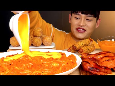 ASMR 꾸덕의 끝판왕 로제떡볶이에 치즈소스투하 통 닭다리 츄러스치즈볼 먹방 Rose Tteokbokki
